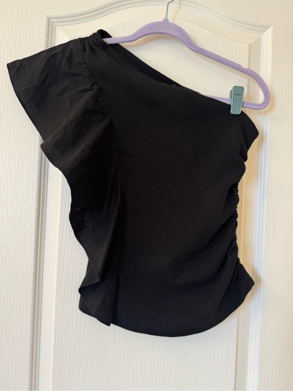 Anthropologie One Shoulder Ruffle Sleeve Ribbed Top Black Size Small